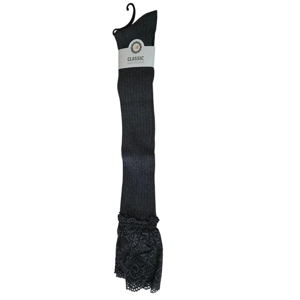 Classic‎ Charcoal Grey Ribbed Over The Knee Socks with Floral Lace Trim NWT